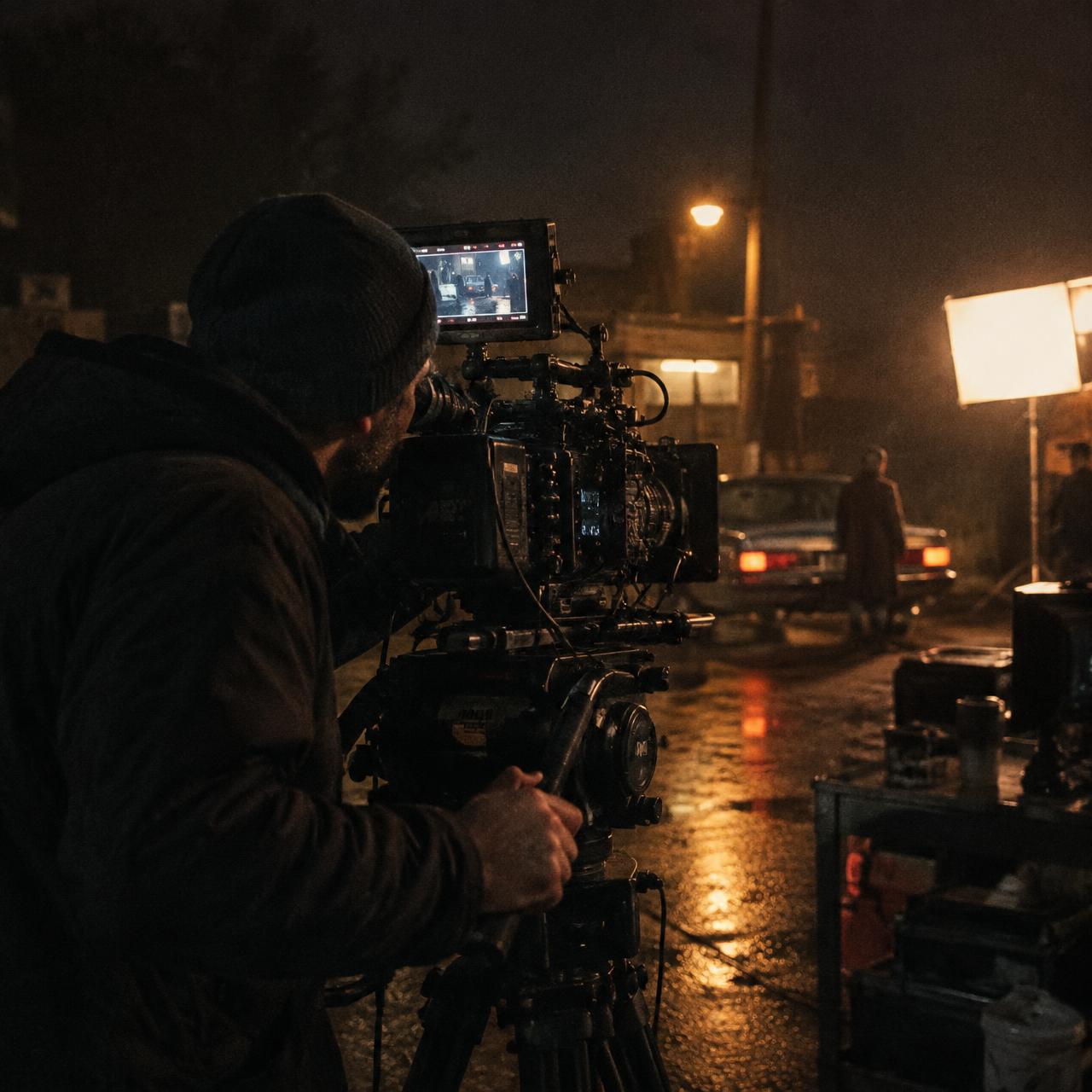 Filmmaker behind the camera on a night shoot